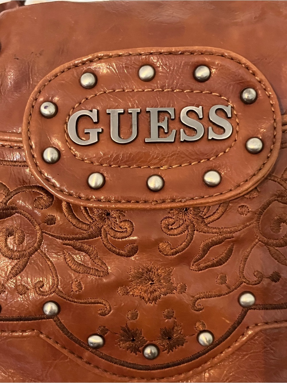 Vintage Y2K GUESS Brown Embroidered Studded Shoulder Satchel Bag - Picture 7 of 16